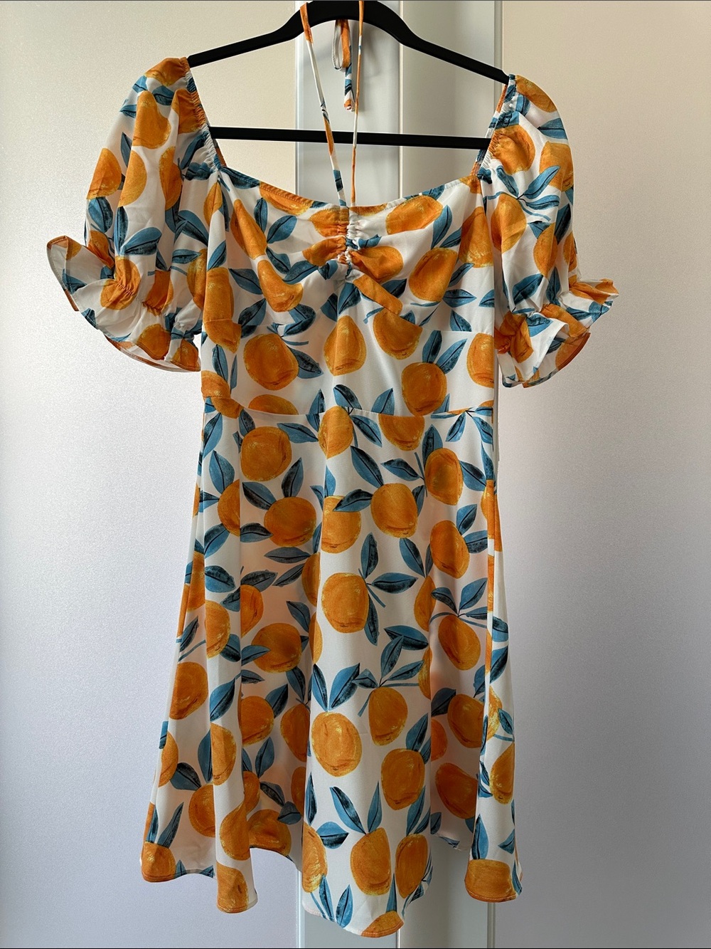 SHEIN White Mini Dress with Orange Fruit Print and Blue Leaf Accents